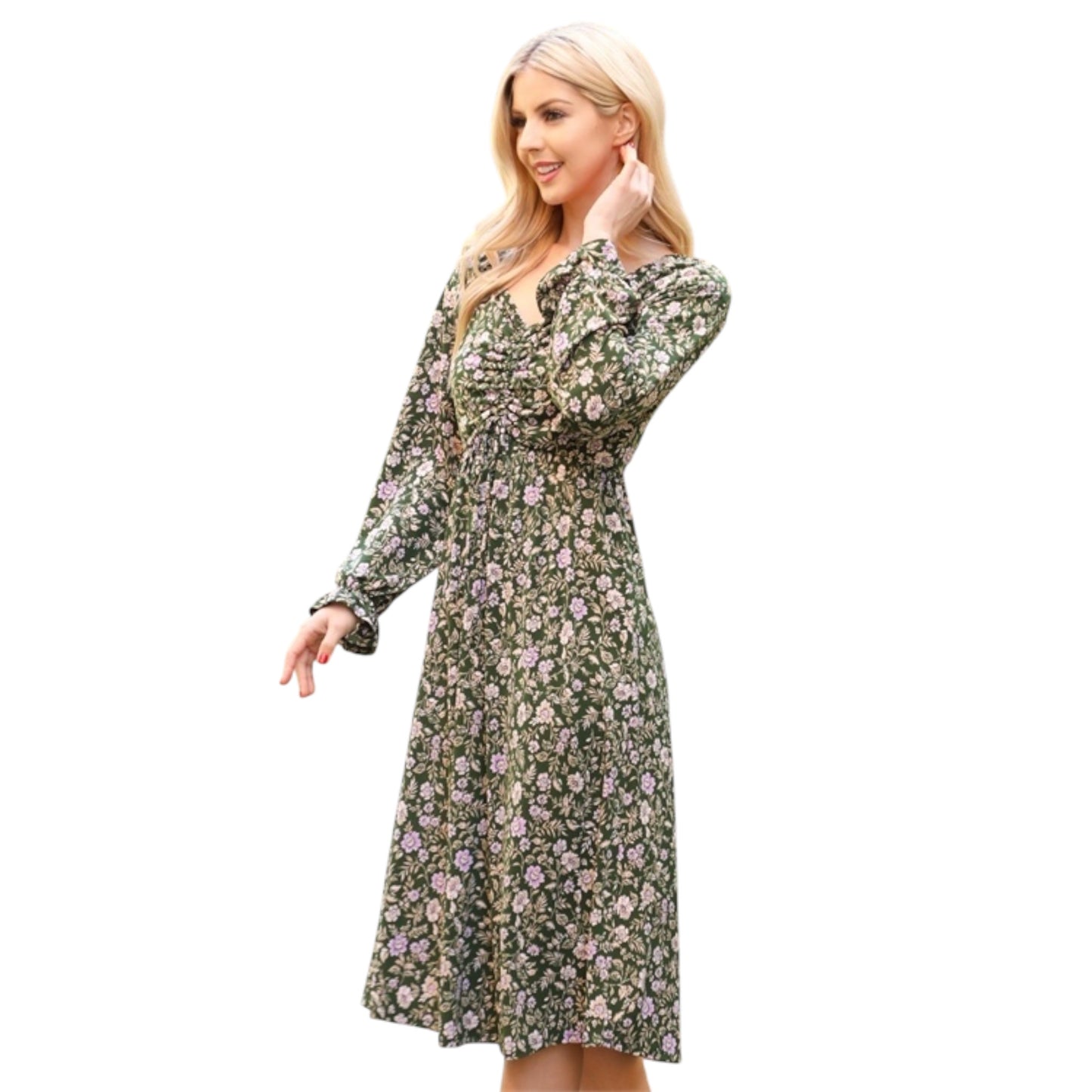 Plus Size Olive Floral Long Sleeve Midi Dress – Ruched Bust