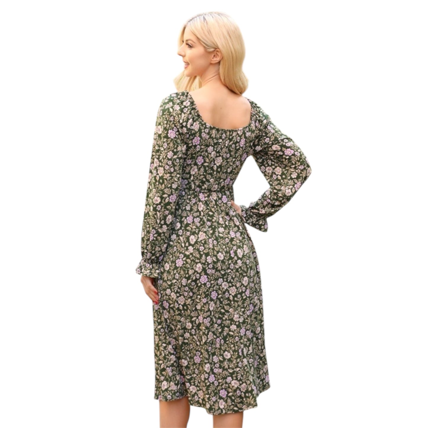 Plus Size Olive Floral Long Sleeve Midi Dress – Ruched Bust