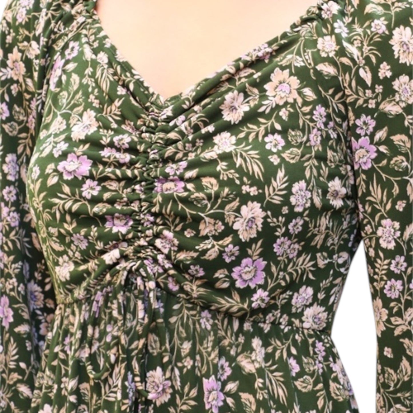 Plus Size Olive Floral Long Sleeve Midi Dress – Ruched Bust