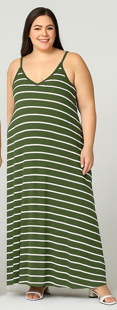 Plus Size Olive Green Striped Maxi Dress – Sizes 1X-3X | Adjustable Spaghetti Straps | Flowy & Comfortable