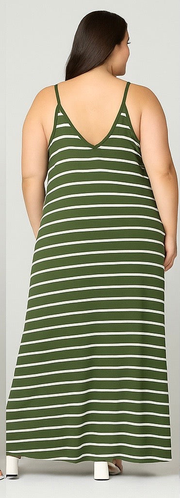 Plus Size Olive Green Striped Maxi Dress – Sizes 1X-3X | Adjustable Spaghetti Straps | Flowy & Comfortable