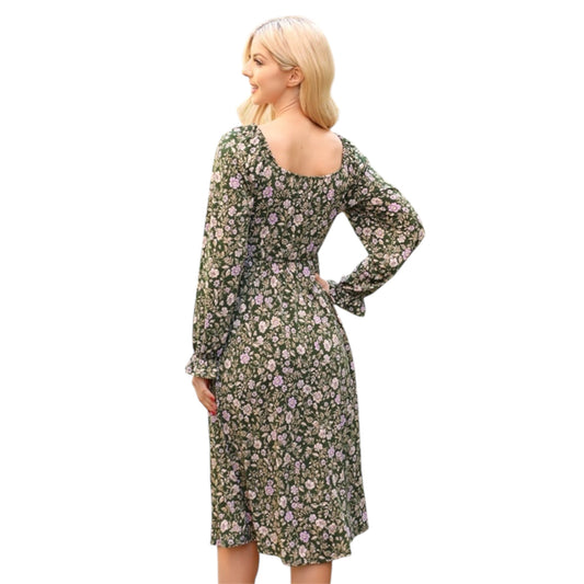 Plus Size Olive Floral Long Sleeve Midi Dress – Ruched Bust
