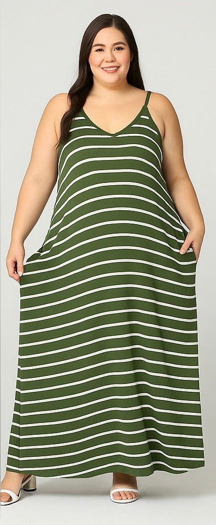 Plus Size Olive Green Striped Maxi Dress – Sizes 1X-3X | Adjustable Spaghetti Straps | Flowy & Comfortable