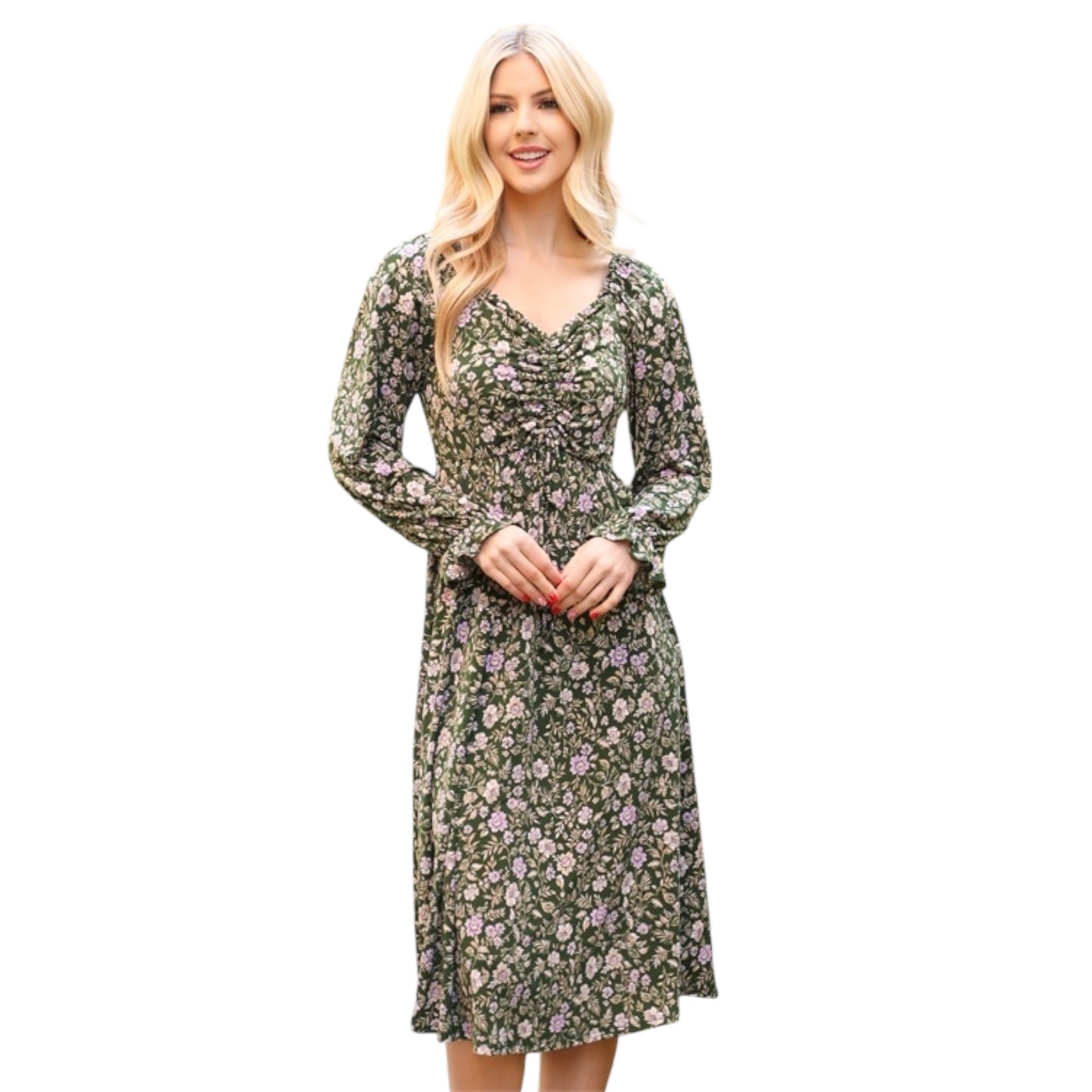Plus Size Olive Floral Long Sleeve Midi Dress – Ruched Bust