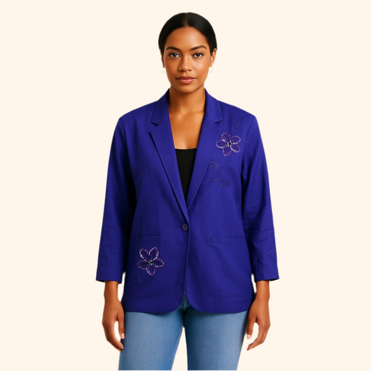VTG Women’s Adolfo Int’l Linen Blend Blazer L Purple Embroidered Floral Beaded