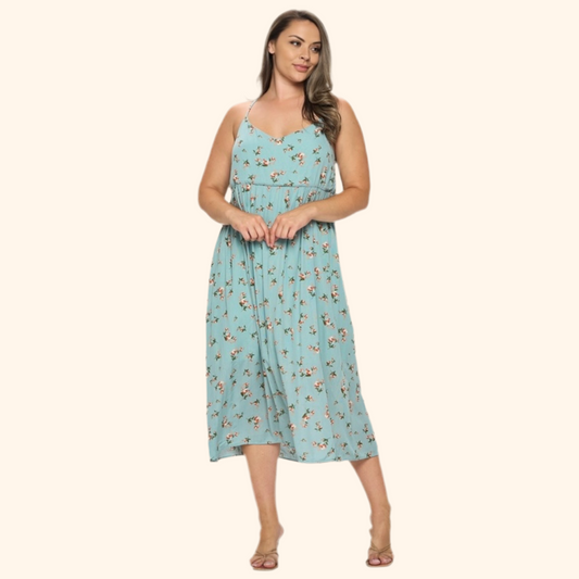 Plus Size Floral Crisscross Back Sundress – Soft Blue Midi with Spaghetti Straps