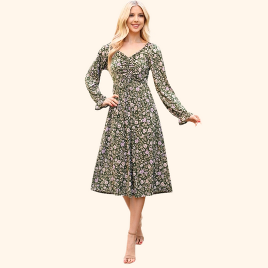 Plus Size Olive Floral Long Sleeve Midi Dress – Ruched Bust