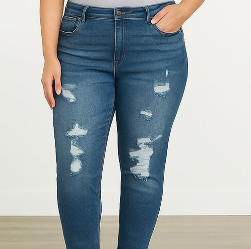 Plus Size Distressed Boyfriend Jeans – Mid Wash